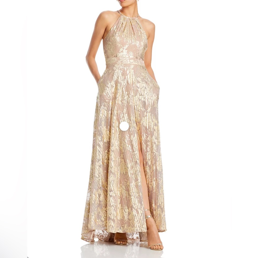 AQUA Metallic Gold Blush Foil Floral Halter Maxi Gown Size 2